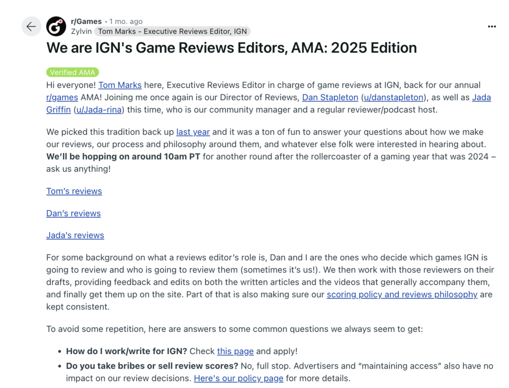 A subreddit AMA that IGN hosted at the start of 2025 to discuss how they review games with their Reddit fans.